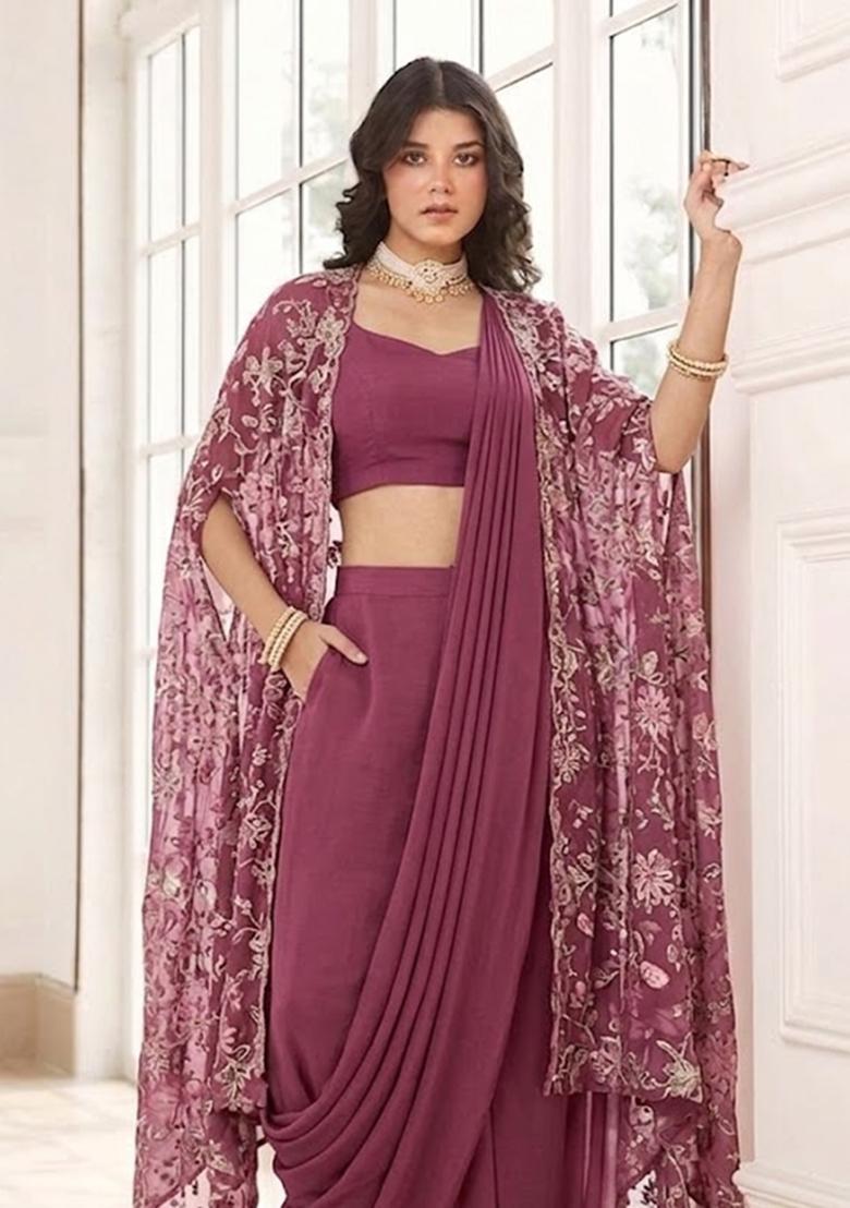 Pink Sequin Crepe Pre Draped Saree Set - Indya