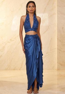 Royal Blue Embroidered Handwork Fusion Set