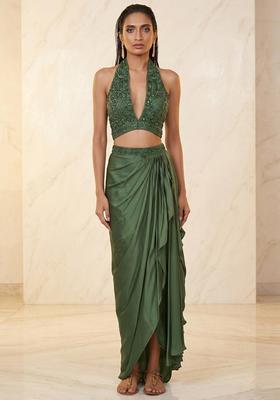 Olive Green Embroidered Handwork Fusion Set