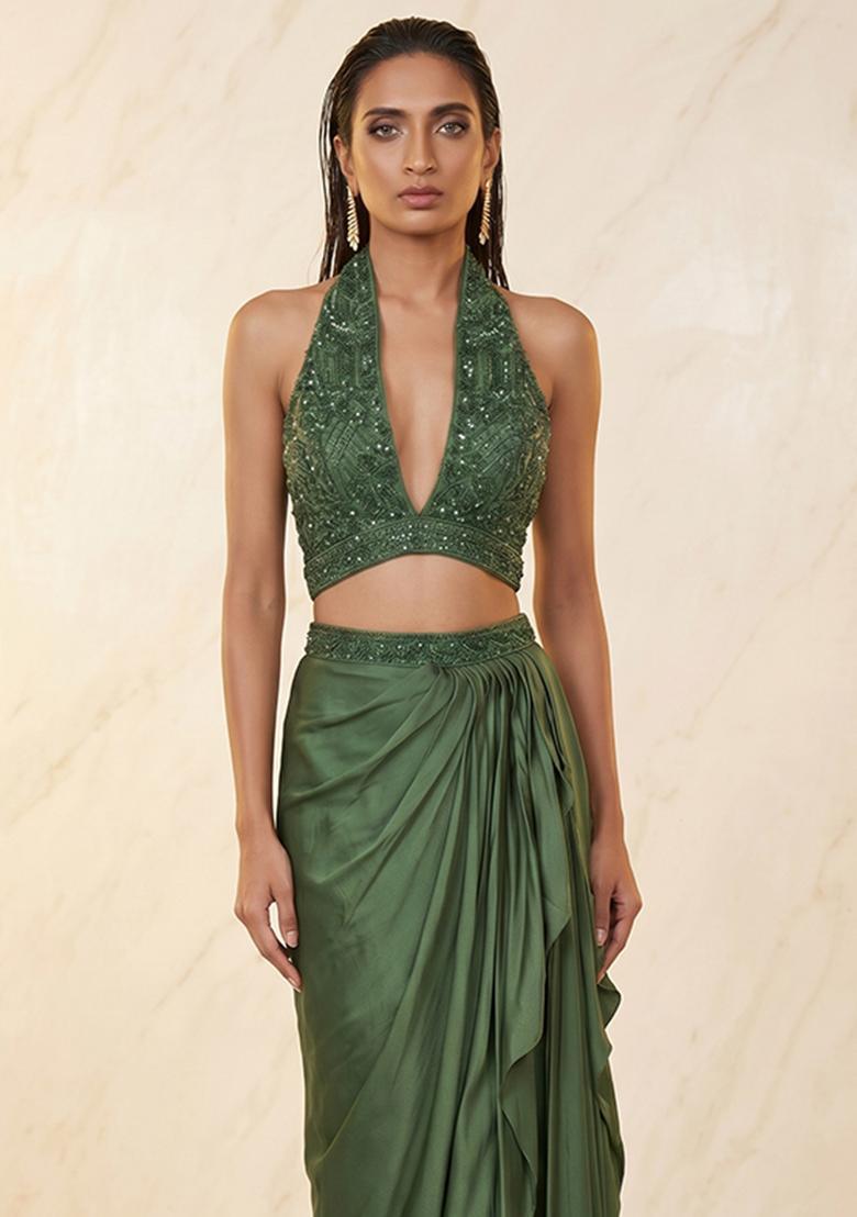 Olive Green Embroidered Handwork Fusion Set - Indya