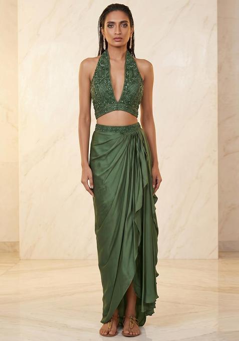 Olive Green Embroidered Handwork Fusion Set