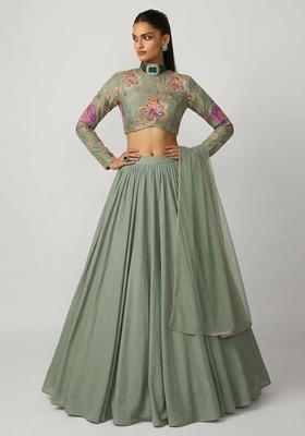Sage Green Printed Organza Lehenga Set
