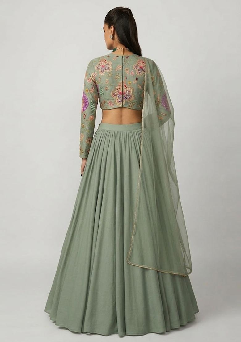 Sage Green Printed Organza Lehenga Set - Indya