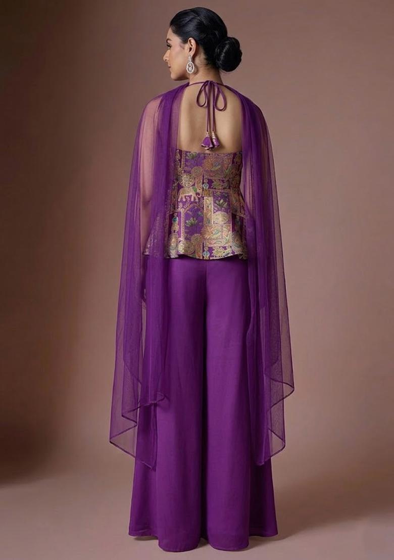 Purple Jacquard Silk Blend Sharara Set - Indya