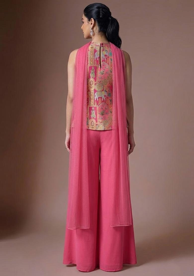 Pink Jacquard Silk Blend Sharara Set - Indya