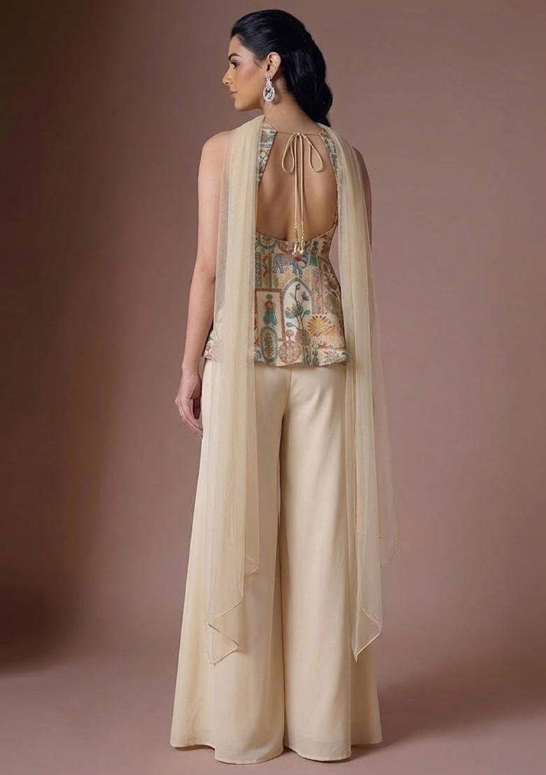 Cream Jacquard Silk Blend Sharara Set - Indya