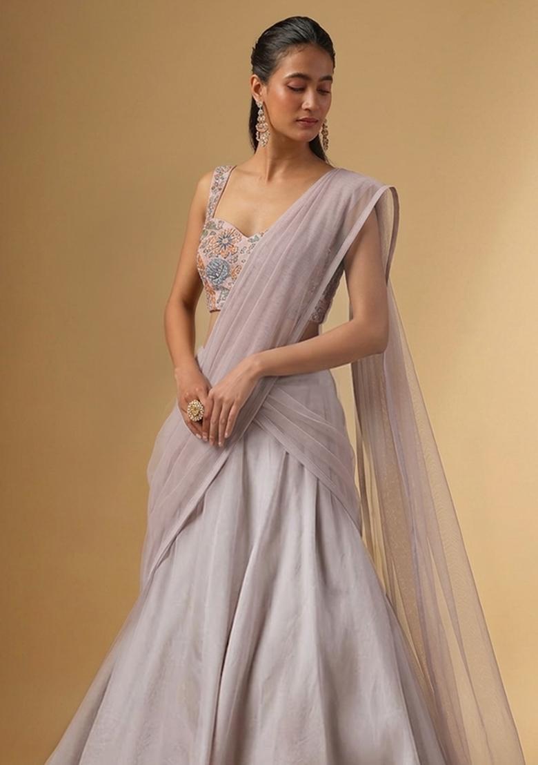 Lavender Printed Crepe Lehenga Set - Indya