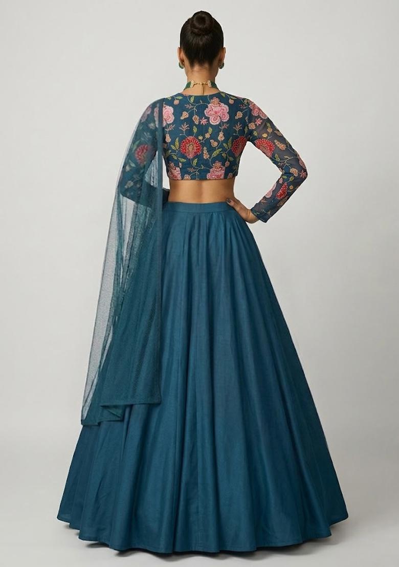 Teal Blue Printed Organza Lehenga Set - Indya