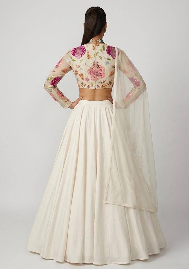 Ivory Printed Organza Lehenga Set - Indya