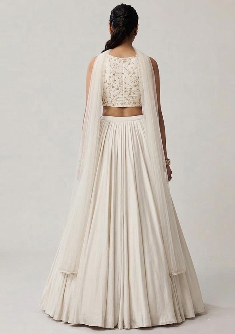 White Embroidered Crepe Lehenga Set - Indya