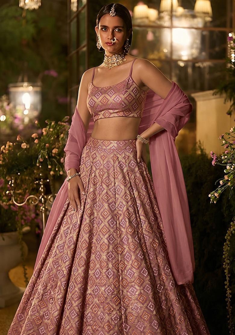 Light Pink Jacquard Georgette Lehenga Set - Indya