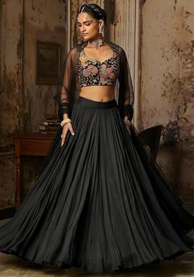 Black Embroidered Crepe Lehenga Set