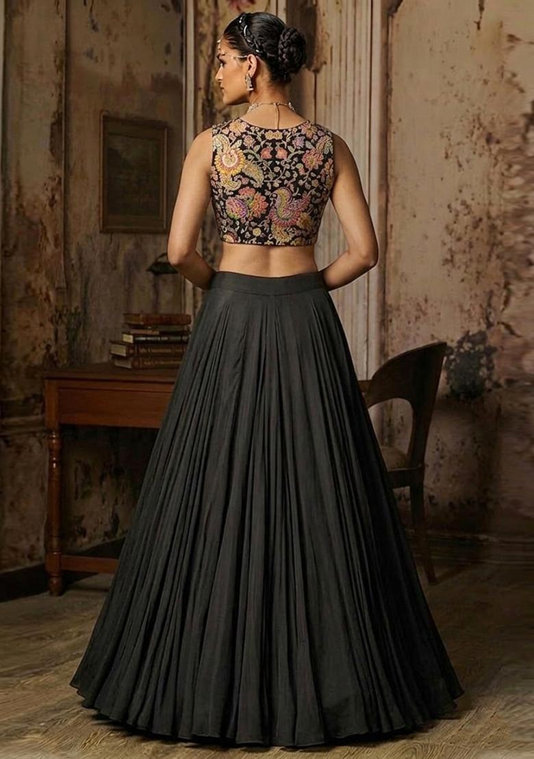 Black Embroidered Crepe Lehenga Set - Indya