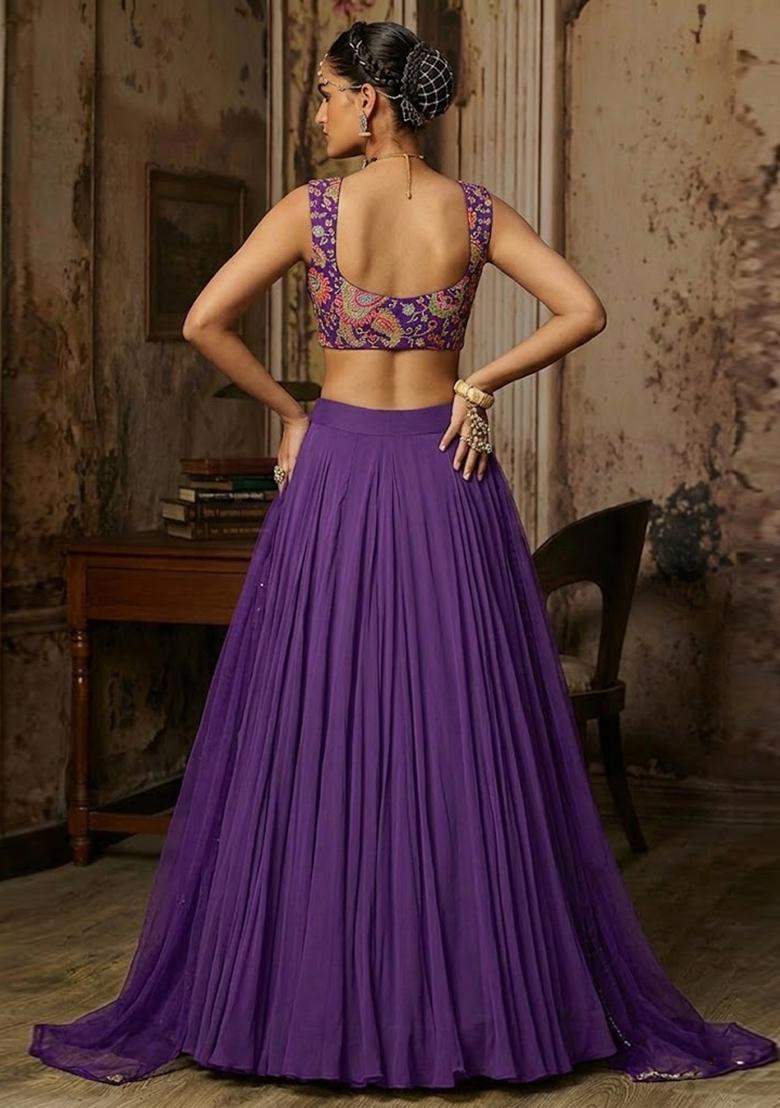 Purple Embroidered Crepe Lehenga Set - Indya