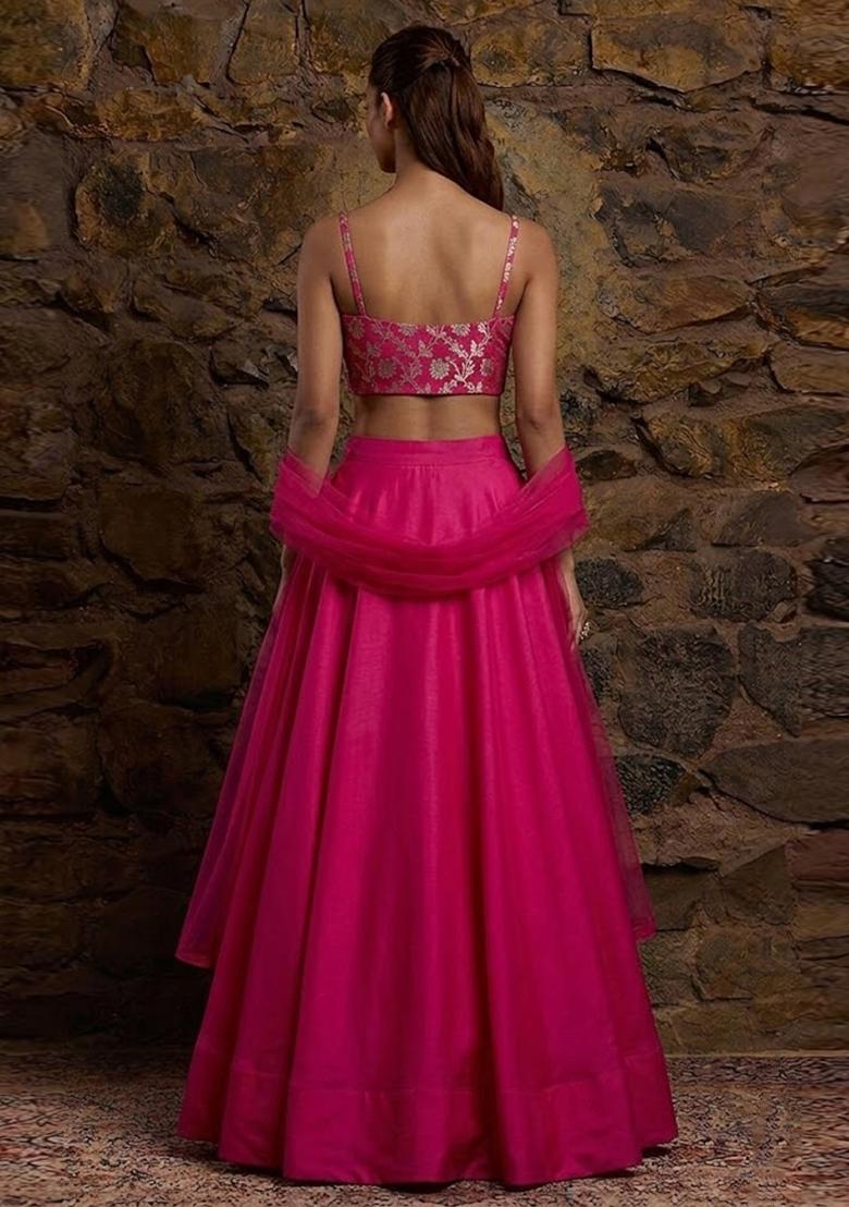 Hot Pink Jacquard Silk Blend Lehenga Set - Indya