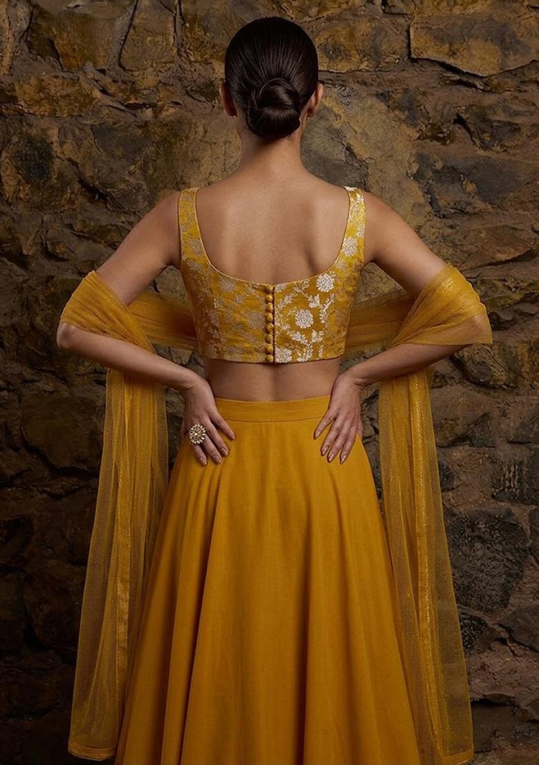 Mustard Jacquard Silk Blend Lehenga Set - Indya