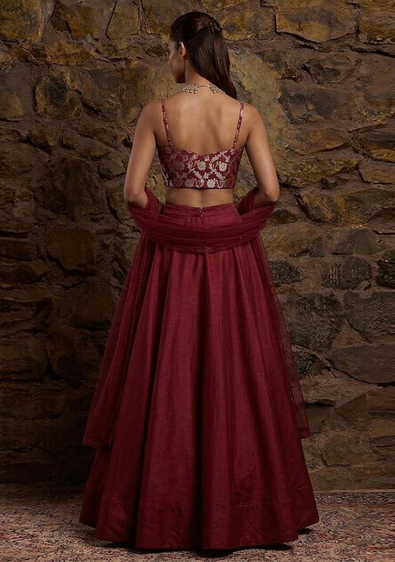 Deep Maroon Jacquard Silk Blend Lehenga Set - Indya