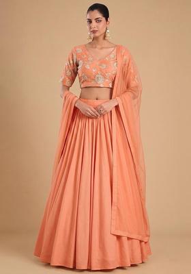 Peach Printed Chanderi Lehenga Set