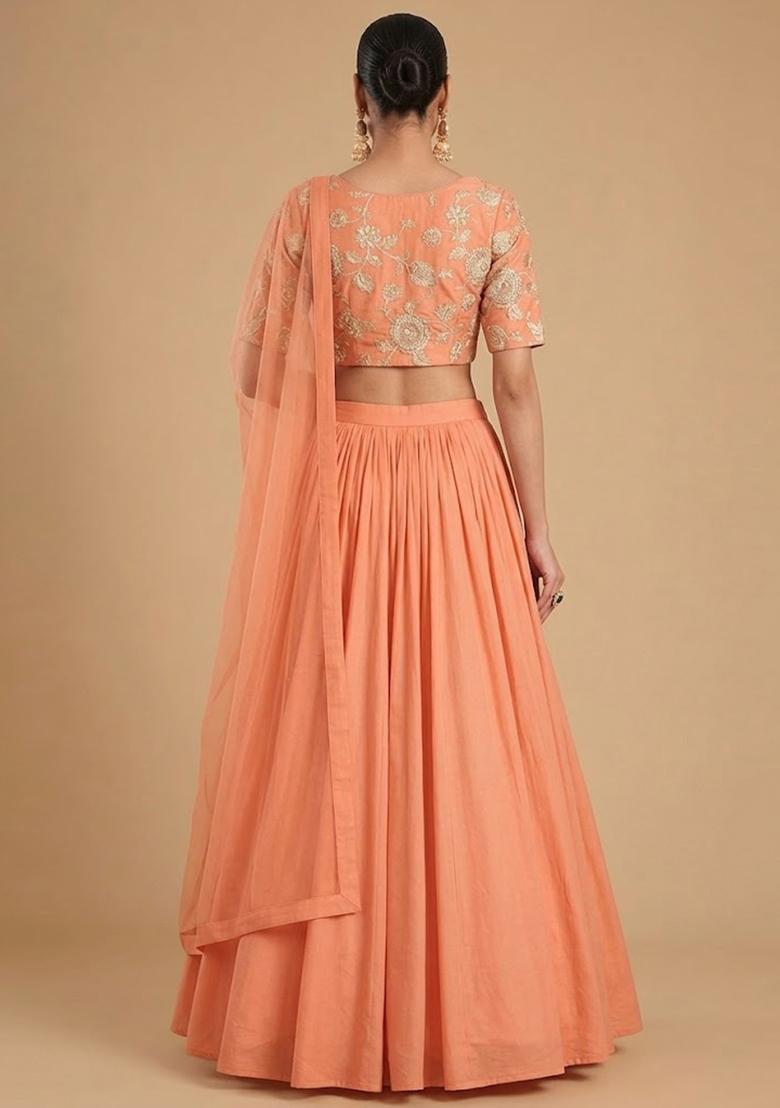 Peach Printed Chanderi Lehenga Set - Indya