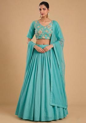 Blue Printed Chanderi Lehenga Set