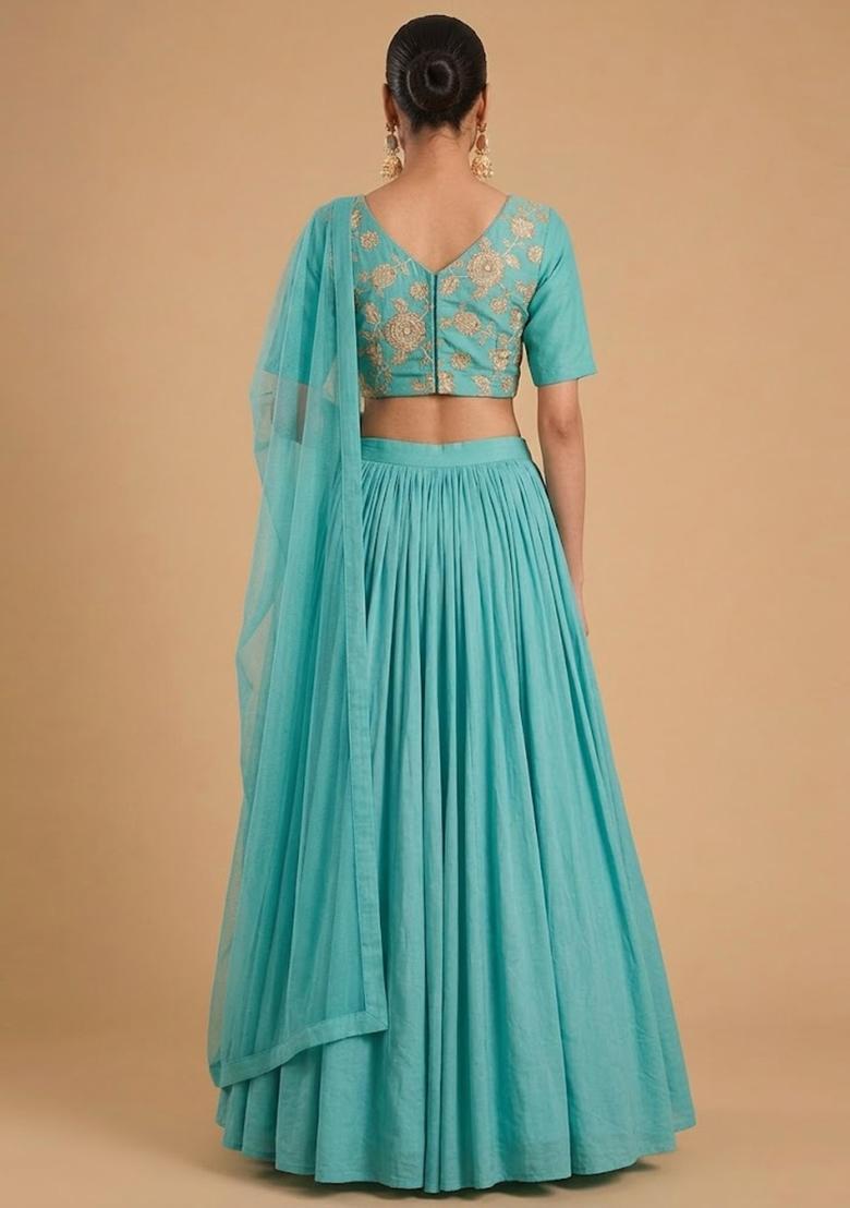 Blue Printed Chanderi Lehenga Set - Indya