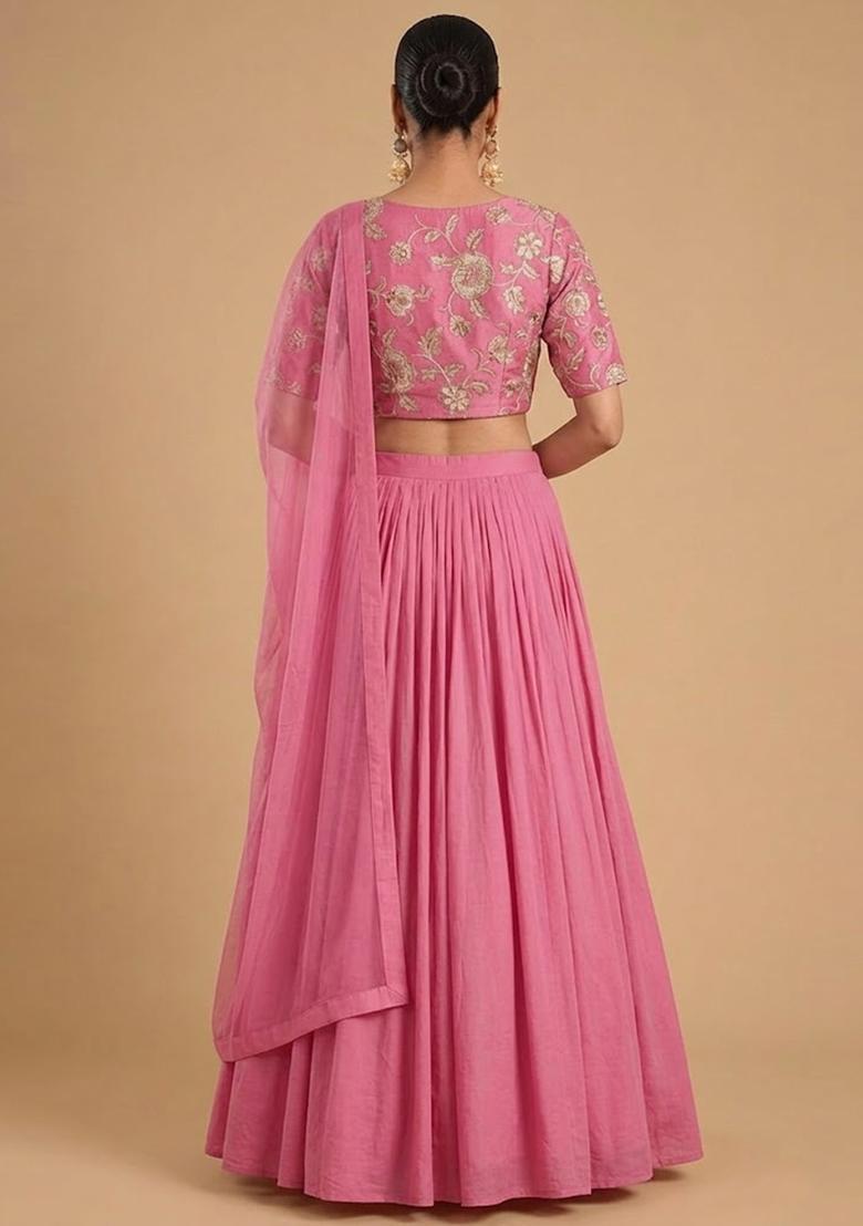 Pink Printed Chanderi Lehenga Set - Indya