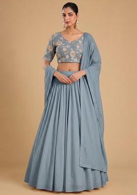 Pastel Blue Printed Chanderi Lehenga Set