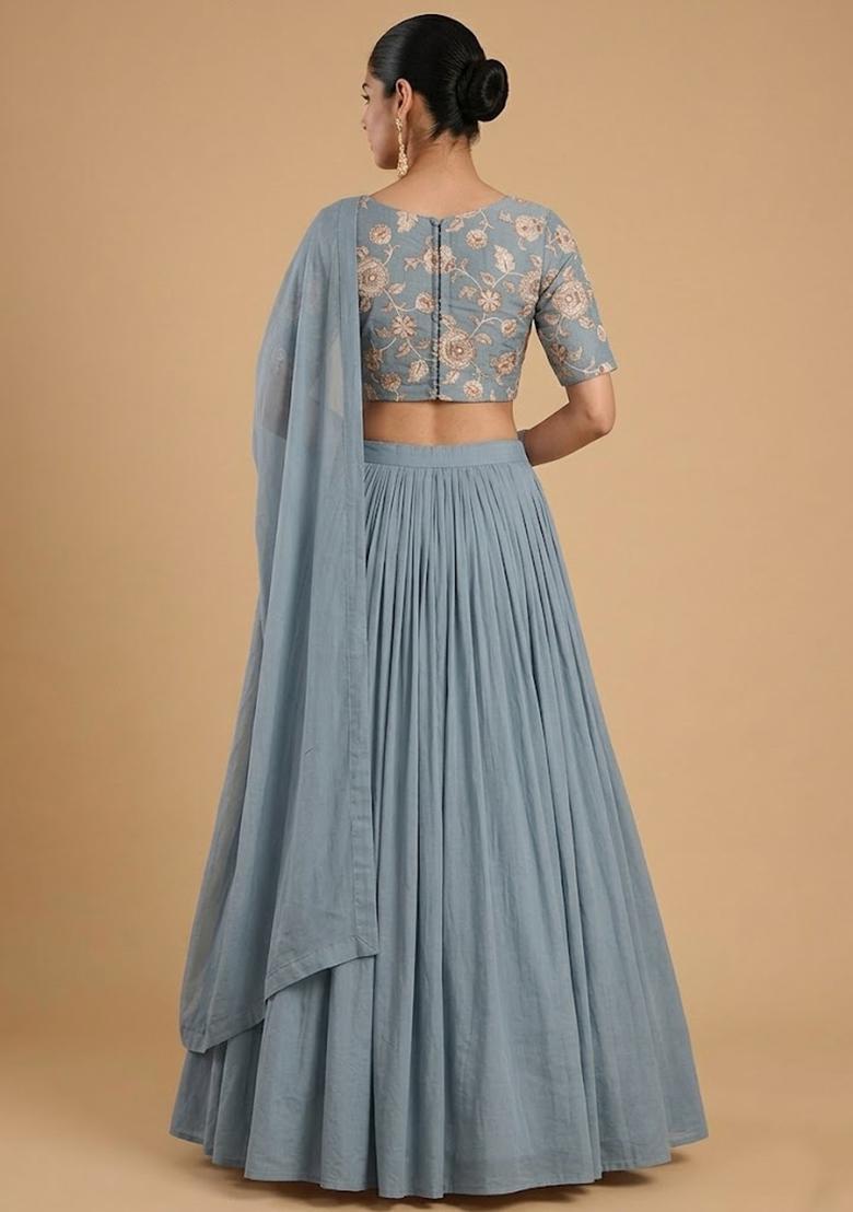 Pastel Blue Printed Chanderi Lehenga Set - Indya