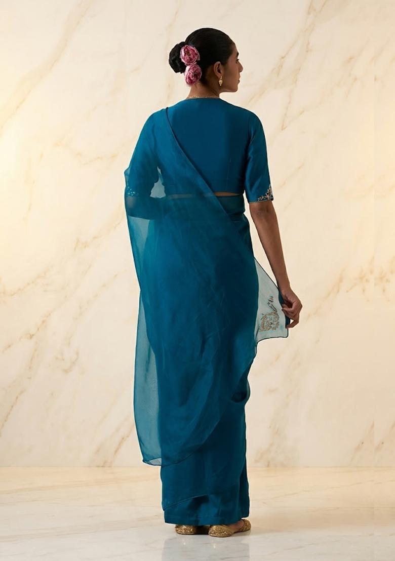 Deep Teal Blue Embroidered Handwork Pre Draped Saree Set - Indya