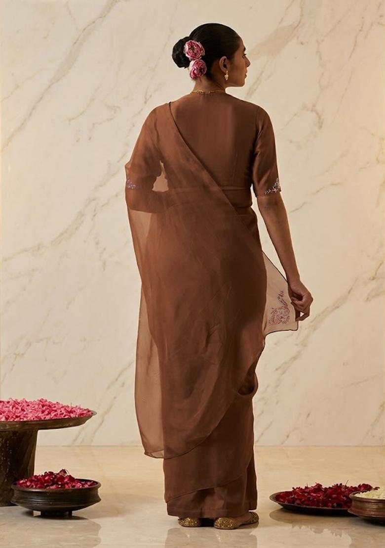 Brown Embroidered Handwork Pre Draped Saree Set - Indya