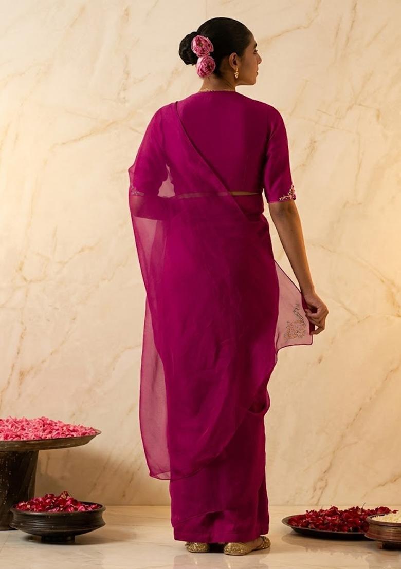 Rani Pink Embroidered Handwork Pre Draped Saree Set - Indya