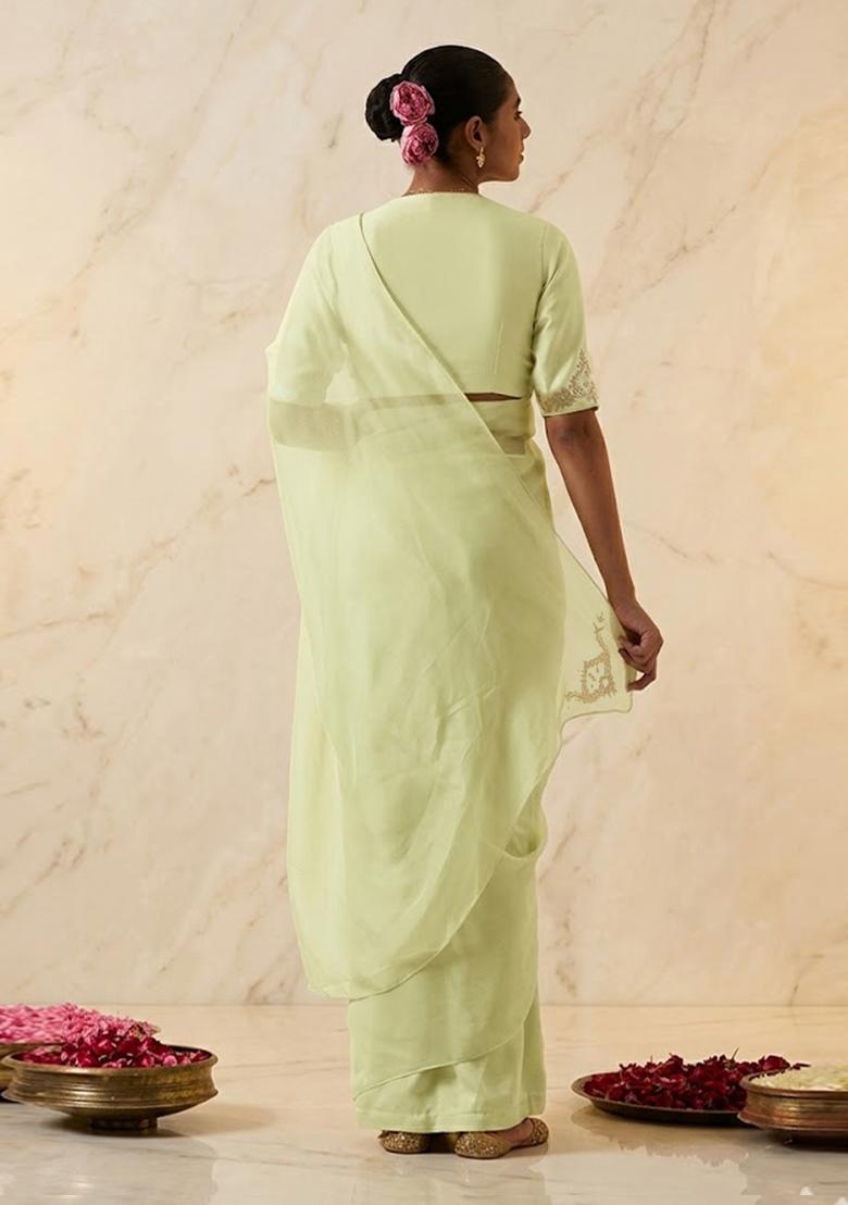 Lime Embroidered Handwork Pre Draped Saree Set - Indya