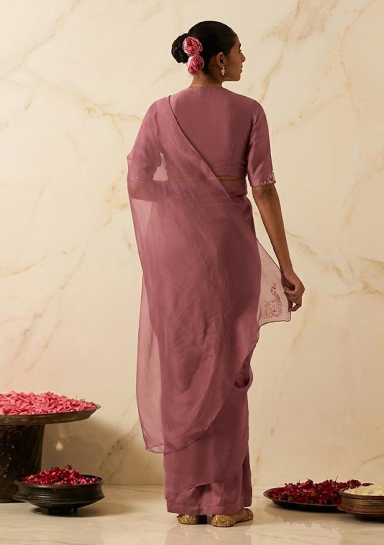Mauve Embroidered Handwork Pre Draped Saree Set - Indya