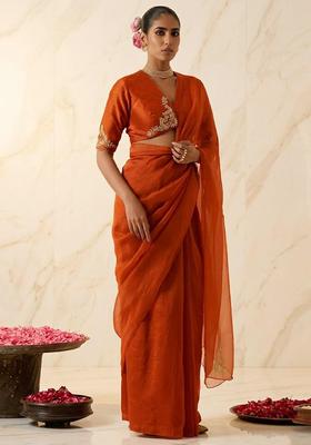 Rust Orange Embroidered Handwork Pre Draped Saree Set
