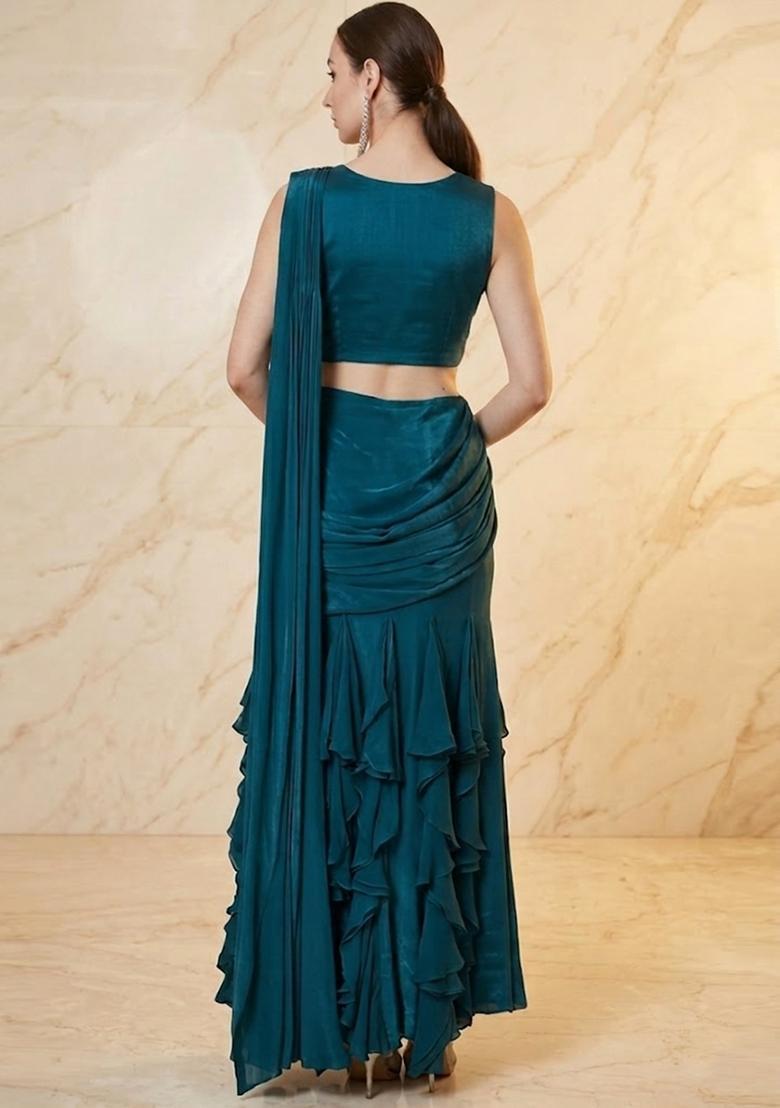 Teal Blue Embroidered Handwork Pre Draped Saree Set - Indya