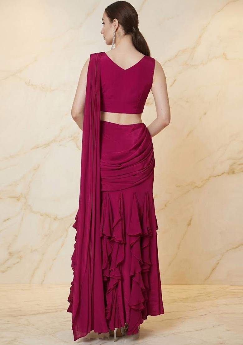 Hot Pink Embroidered Handwork Pre Draped Saree Set - Indya