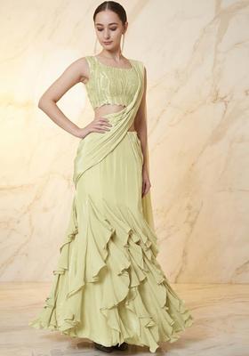 Lime Embroidered Handwork Pre Draped Saree Set