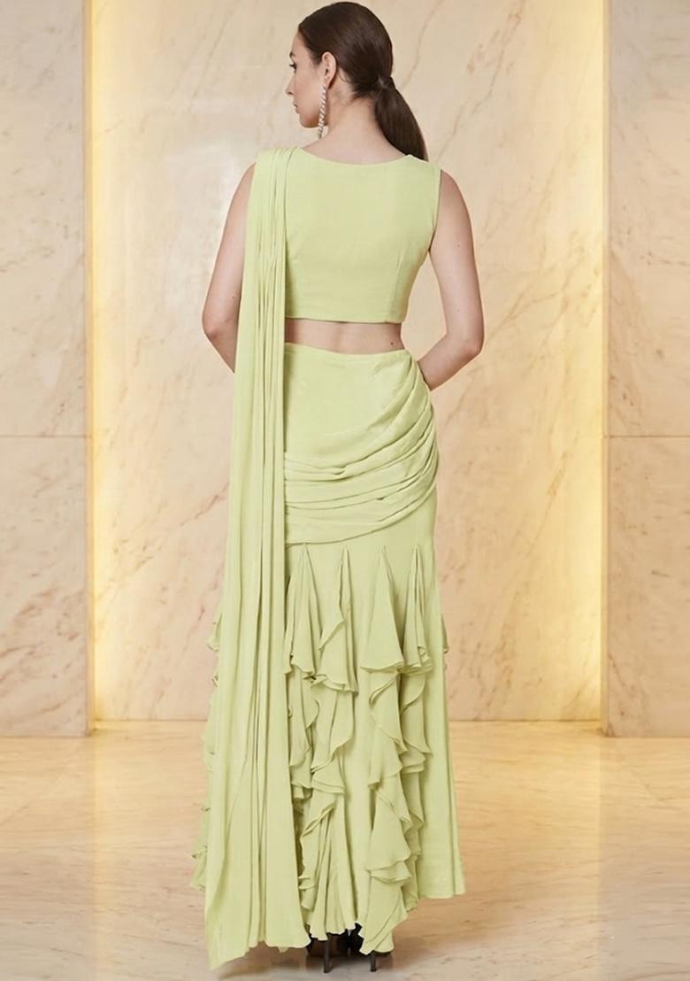 Lime Embroidered Handwork Pre Draped Saree Set - Indya