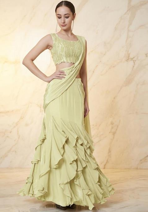 Lime Embroidered Handwork Pre Draped Saree Set