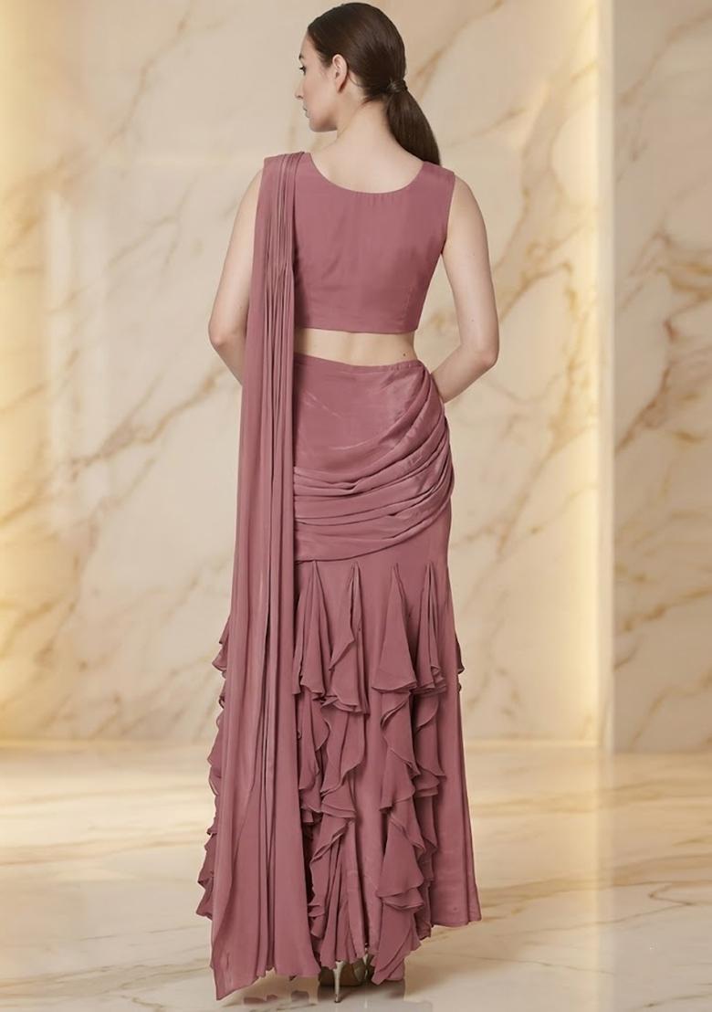 Mauve Embroidered Handwork Pre Draped Saree Set - Indya