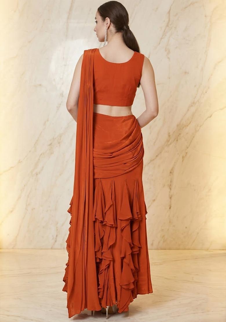 Orange Embroidered Handwork Pre Draped Saree Set - Indya