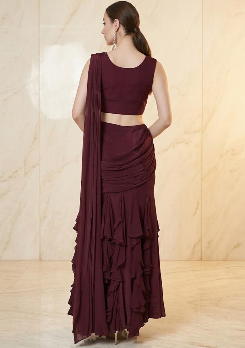 Deep Wine Embroidered Handwork Pre Draped Saree Set - Indya