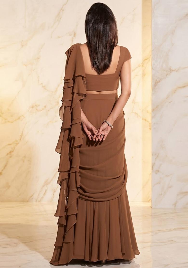Coffee Brown Embroidered Handwork Pre Draped Saree Set - Indya