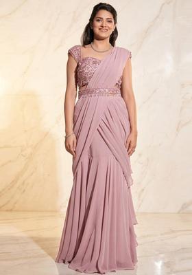 Pink Embroidered Handwork Pre Draped Saree Set