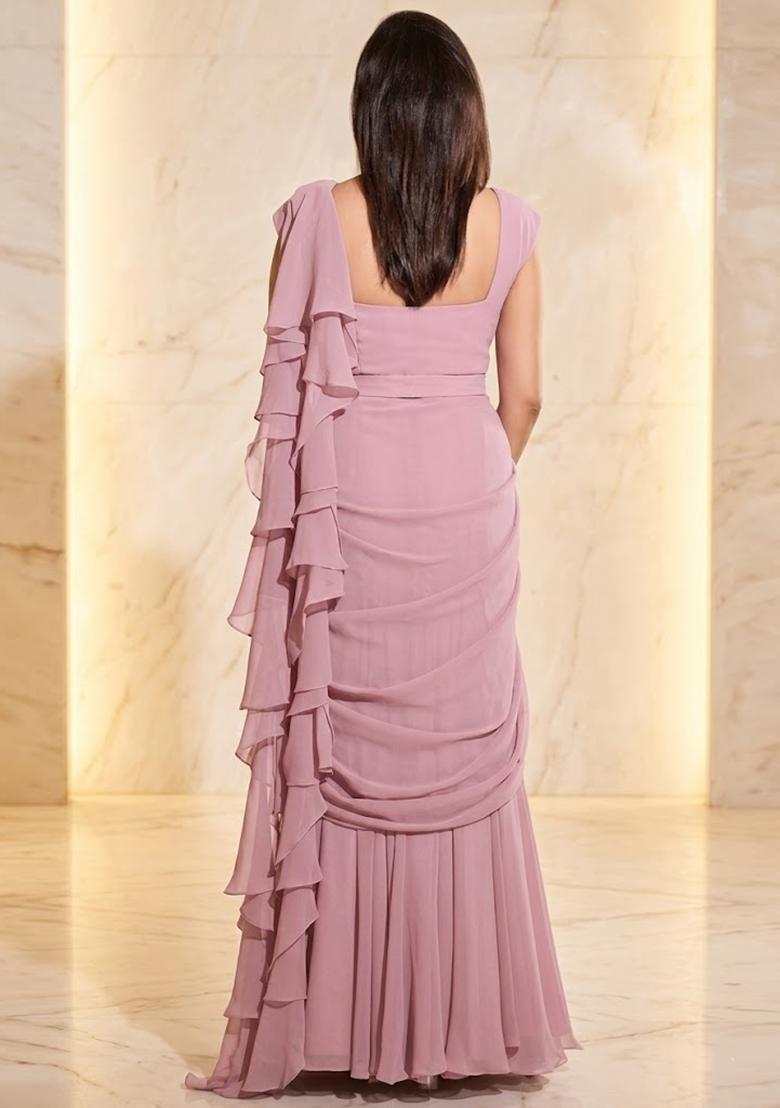Pink Embroidered Handwork Pre Draped Saree Set - Indya