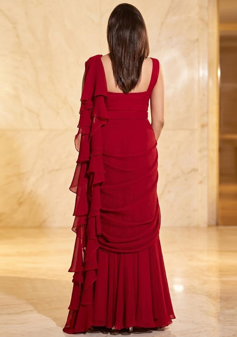 Crimson Red Embroidered Handwork Pre Draped Saree Set - Indya