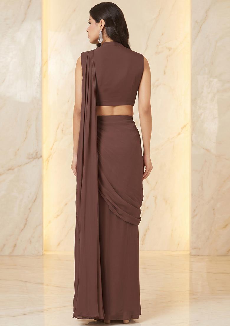 Brown Embroidered Handwork Pre Draped Saree Set - Indya