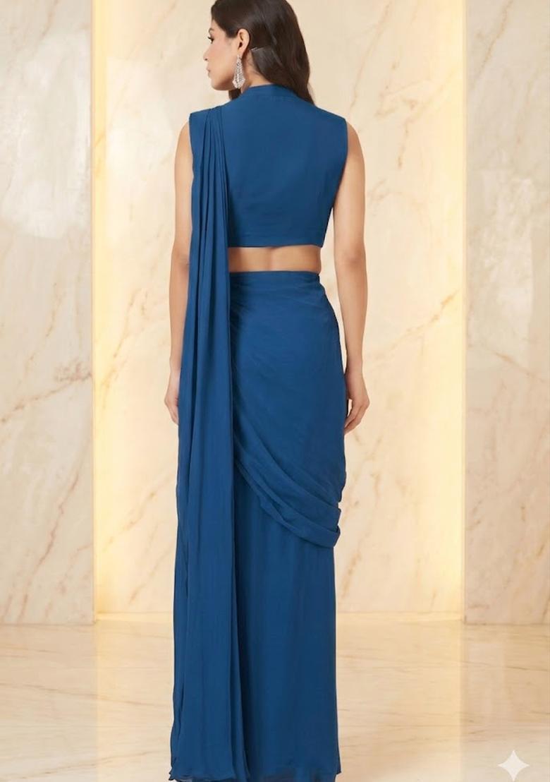 Royal Blue Embroidered Handwork Pre Draped Saree Set - Indya