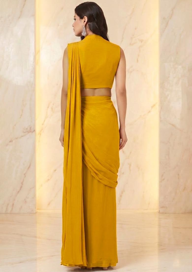 Mustard Embroidered Handwork Pre Draped Saree Set - Indya