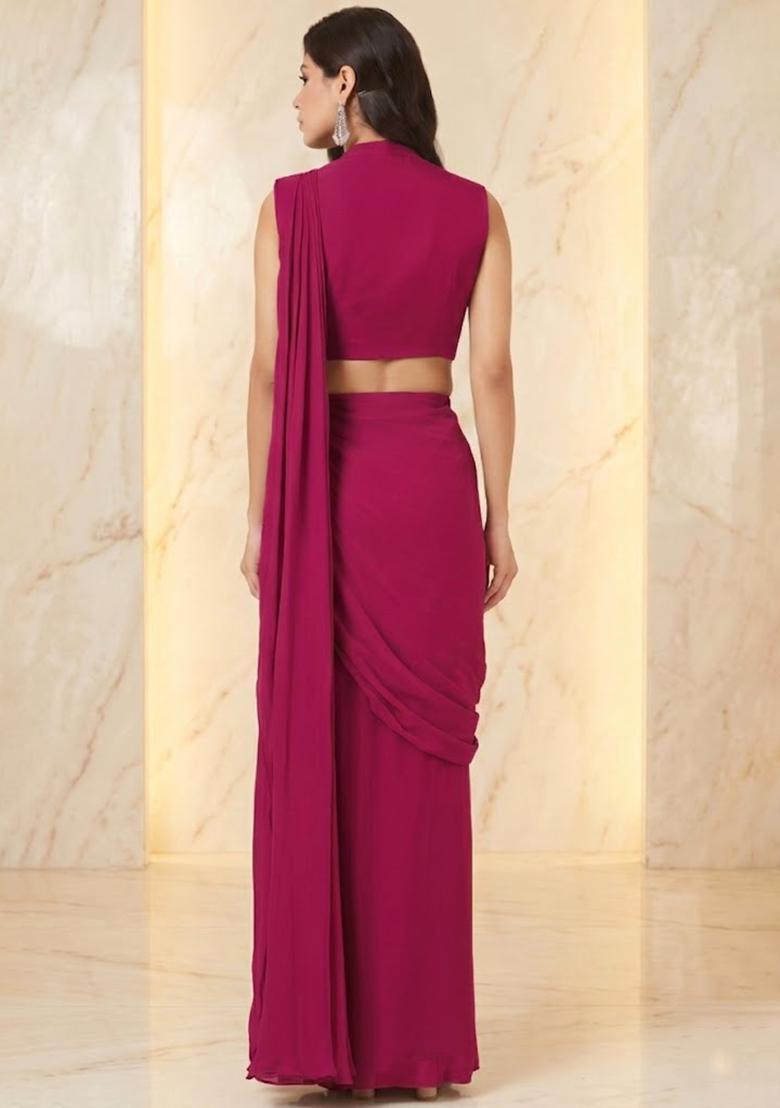 Hot Pink Embroidered Handwork Pre Draped Saree Set - Indya